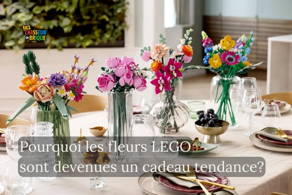 Fleurs LEGO de la collection botanique exposées dans un salon moderne, illustrant pourquoi les fleurs LEGO sont devenues un cadeau tendance.